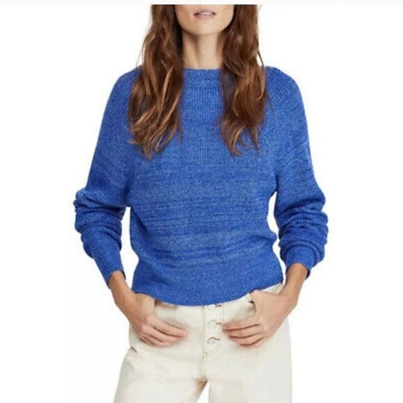 Free People Too Good Chunky Knit Mock Neck Pullover Sweater in Cobalt Blue SZ M - Picture 1 of 8